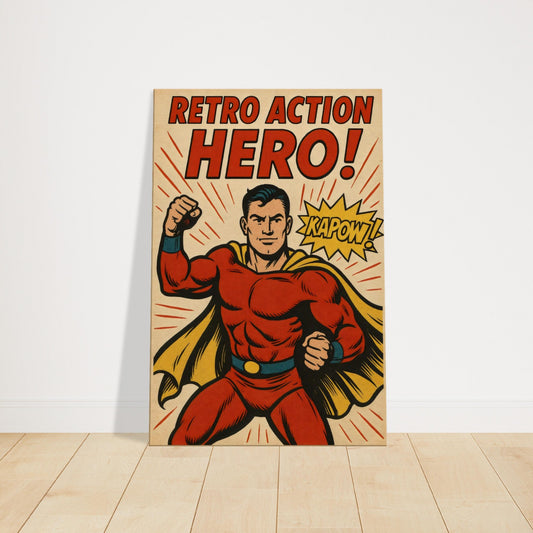 Vintage comic artwork of multiple superheroes striking action poses against starburst background in bright colours.