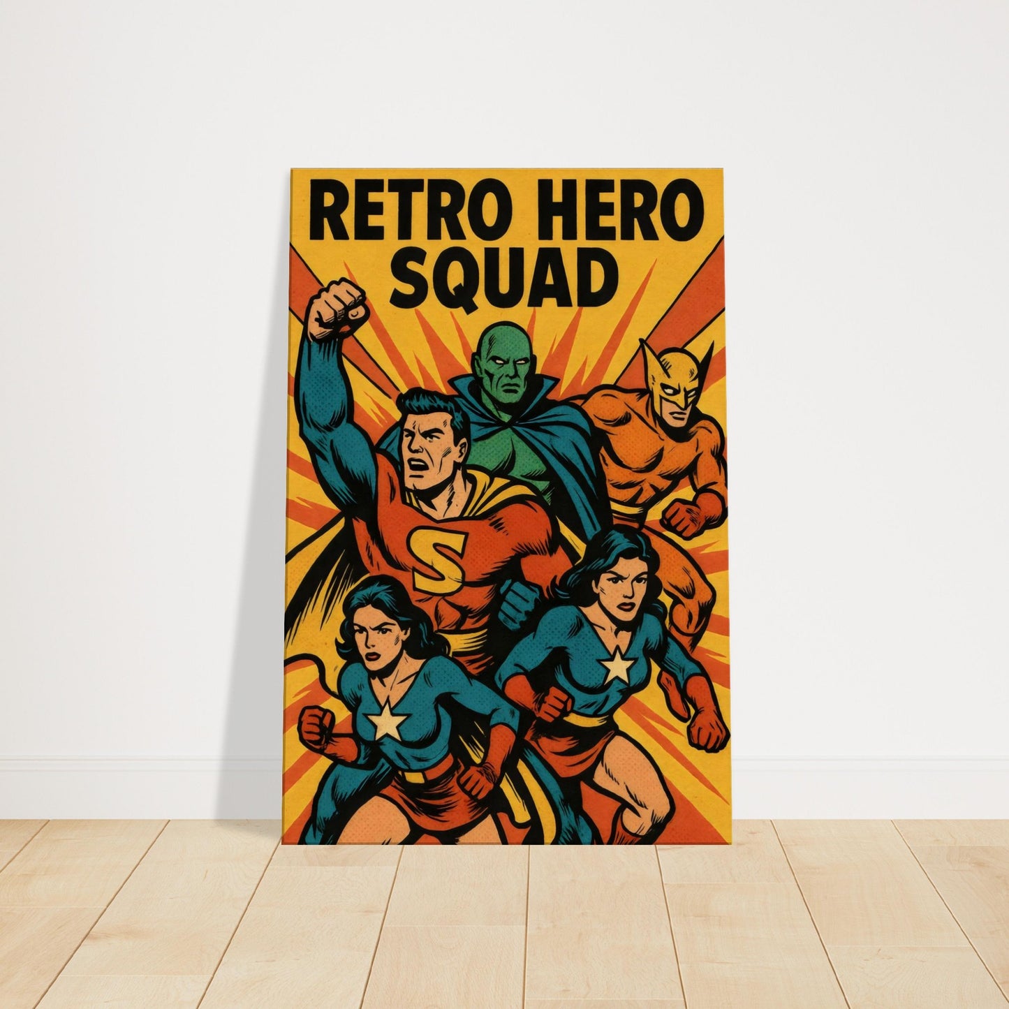 Vintage comic artwork of multiple superheroes striking dynamic poses against a bright starburst background in classic halftone style.