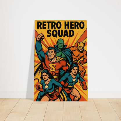 Vintage comic artwork of multiple superheroes striking dynamic poses against a bright starburst background in classic halftone style.