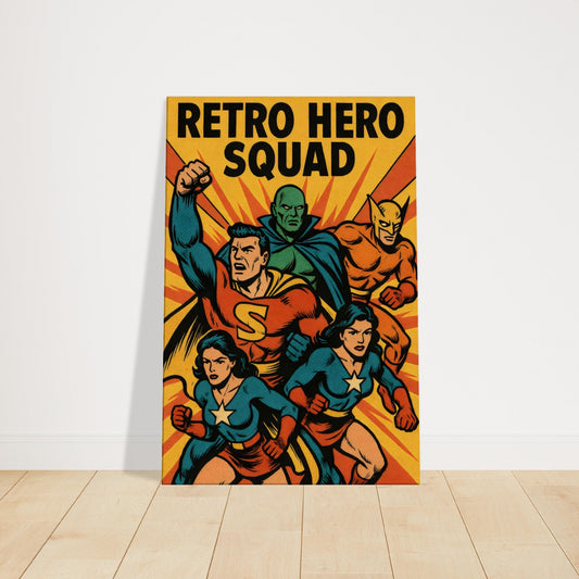 Vintage comic artwork of multiple superheroes striking dynamic poses against a bright starburst background in classic halftone style.