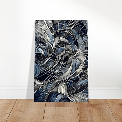 Abstract canvas with curving blue lines and white highlights, forming flowing contours that suggest rhythmic movement.