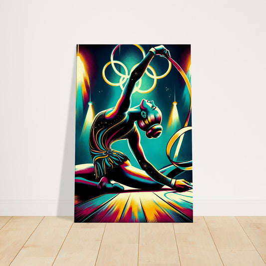 Canvas artwork of a rhythmic gymnast mid-performance with vivid swirls and flowing motion, highlighting grace and artistic movement.