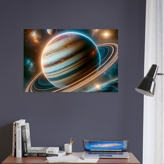 Metal poster depicting a majestic ringed planet surrounded by colorful rings and moons, set against a glowing cosmic background filled with stars and nebulae.