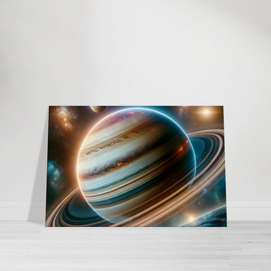 Stunning canvas wall art of a majestic ringed planet surrounded by vibrant multicolored rings and orbiting moons, set against a luminous cosmic backdrop of stars and glowing nebulae — evoking the grandeur and elegance of deep space.