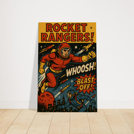 Vintage comic book art of retro astronauts with jetpacks flying through space with WHOOSH and BLAST OFF text.