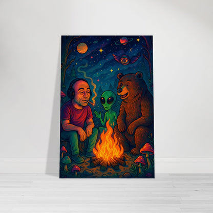 Psychedelic cartoon of Joe Rogan sitting at a glowing forest campfire, passing a joint to a bear and alien under a starry cosmic sky.