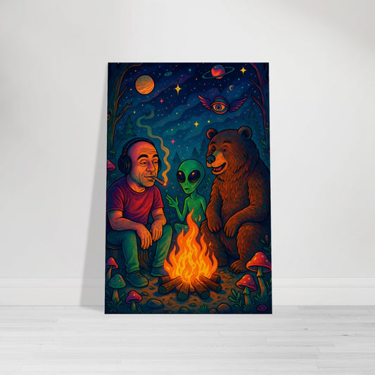 Psychedelic cartoon of Joe Rogan sitting at a glowing forest campfire, passing a joint to a bear and alien under a starry cosmic sky.