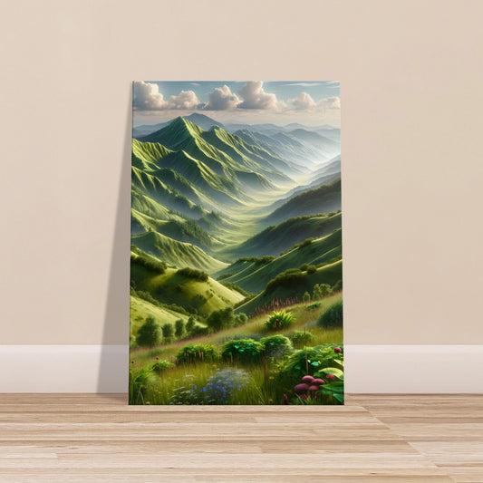 Rolling Hill Mountains – Canvas Wall Art of Green Rolling Hills with Wildflowers and Morning Mist