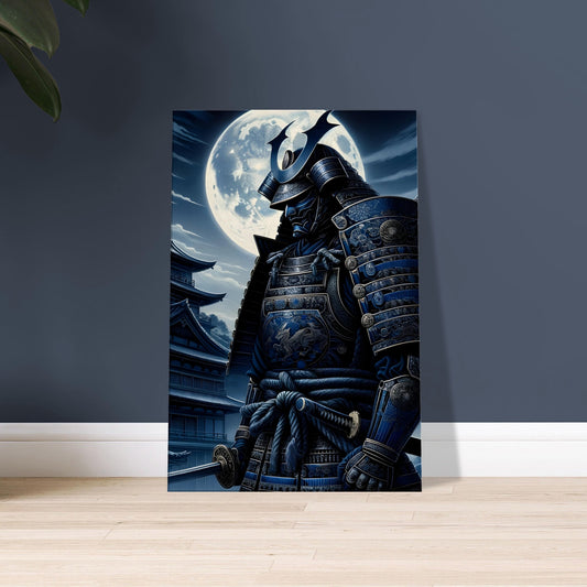 A Ronin warrior in blue and black armor stands beneath the moon in a quiet, ancient Japanese village at night.