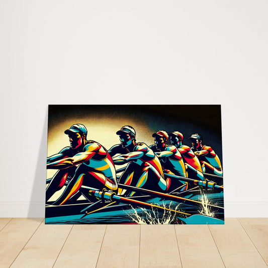Canvas artwork of a rowing crew in perfect rhythm, with vivid water movement and dynamic oar strokes conveying teamwork and motion.