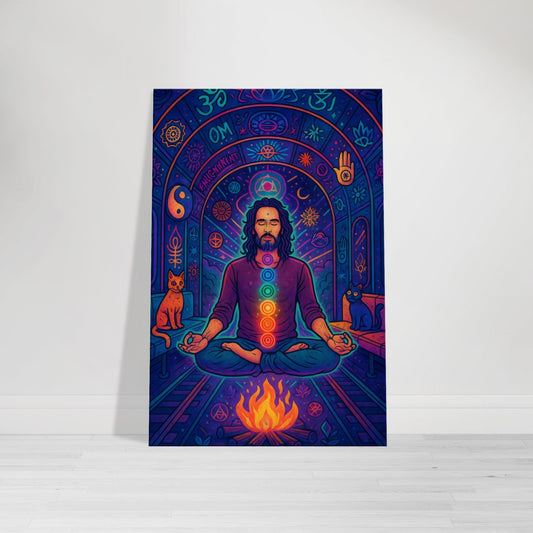 Cartoon of Russell Brand floating in lotus pose in a neon-lit subway tunnel, surrounded by chakra symbols, cats, and cosmic graffiti.
