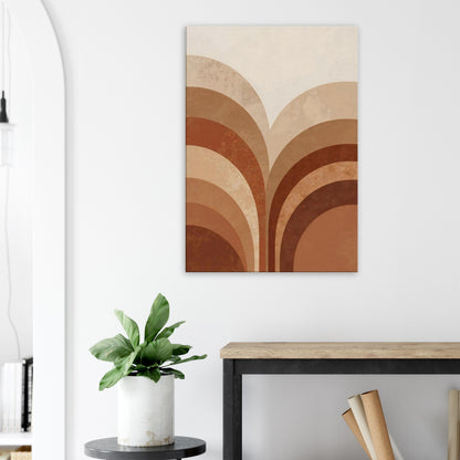 Portrait abstract canvas featuring warm rust, sand, amber, and clay vertical layers.