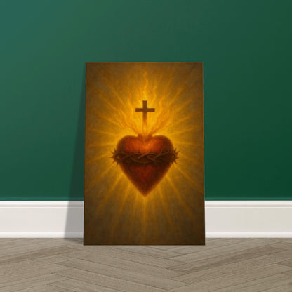 Sacred Heart glowing red with golden flames, surrounded by crown of thorns and radiant aura, 2:3 portrait, displayed on premium canvas wall art print.