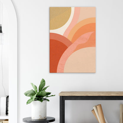 Warm abstract canvas artwork featuring saffron, terracotta, and peach folded gradients like a sunrise aurora.