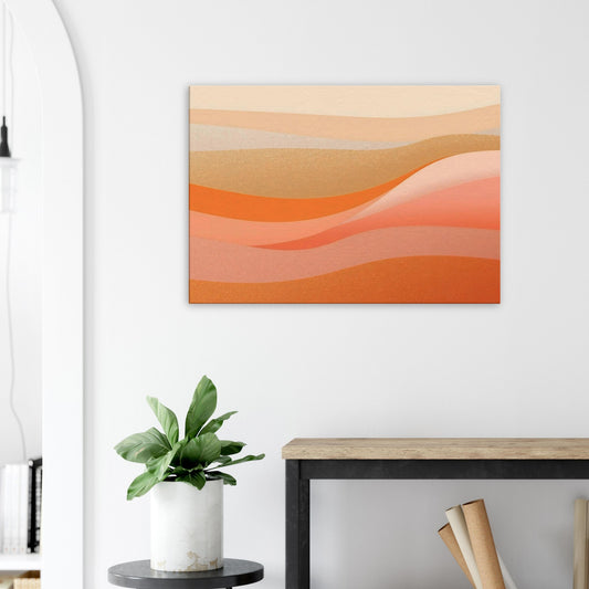 Warm abstract canvas artwork showing desert ridges in apricot, coral, and saffron gradients with soft flowing waves.