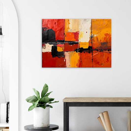 Textured abstract canvas grid featuring saffron, rust, ember red, and bold black intersecting strokes.