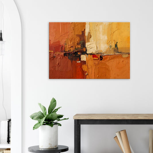 Warm textured abstract canvas featuring saffron, gold, and umber tones with rugged painterly strokes.