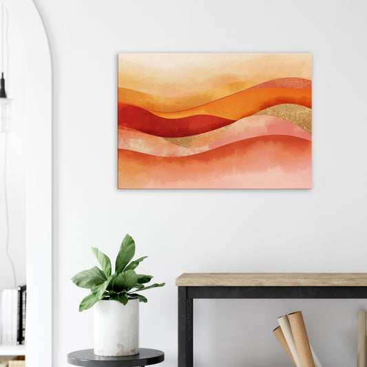 Warm sunset abstract artwork featuring saffron, coral, and apricot waves layered across glowing gradients.