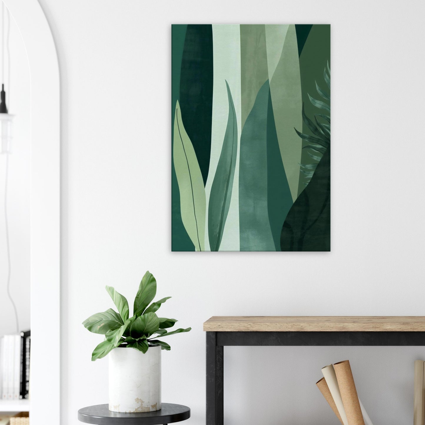 Botanical canvas art with sage and olive vertical leaf silhouettes and soft layered gradients.
