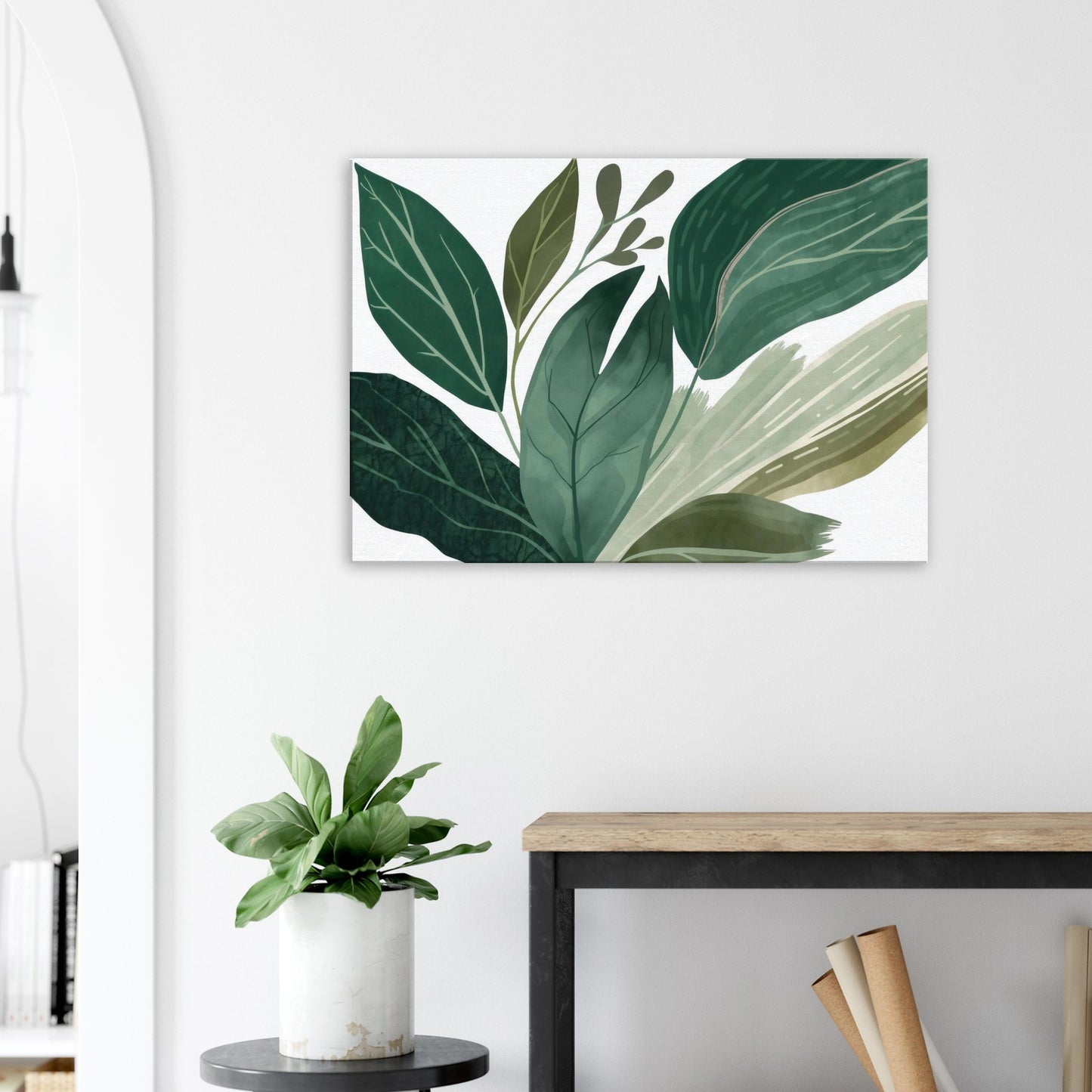 Landscape canvas art showing soft sage botanical leaf silhouettes layered over gentle neutral and eucalyptus gradients.