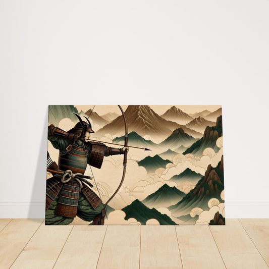 Samurai archer poised with drawn bow in a mountainous landscape inspired by traditional Japanese scroll painting.