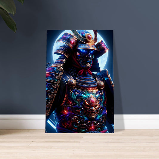 A Samurai in red and blue cosmic armor holds a glowing katana in a moonlit Japanese garden.