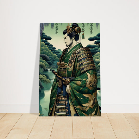Samurai in green and gold kimono standing beside a koi pond in a Japanese garden with blooming wisteria.