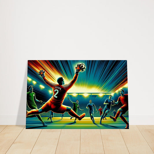 Canvas print of a goalkeeper making a crucial save with outstretched hand under dramatic lighting.