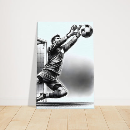 Pencil drawing of a goalkeeper diving to save a ball with dynamic motion lines.