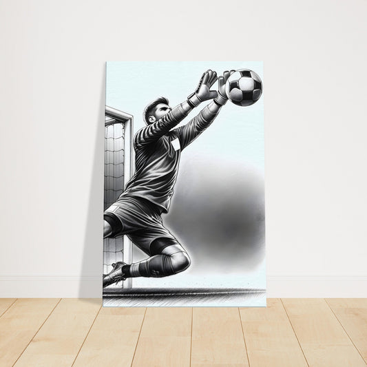 Pencil drawing of a goalkeeper diving to save a ball with dynamic motion lines.