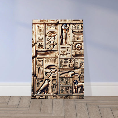 Stone wall carved with ancient Egyptian hieroglyphs, including Thoth, the ankh, and Eye of Horus arranged in traditional columns.