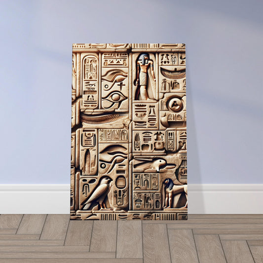 Stone wall carved with ancient Egyptian hieroglyphs, including Thoth, the ankh, and Eye of Horus arranged in traditional columns.