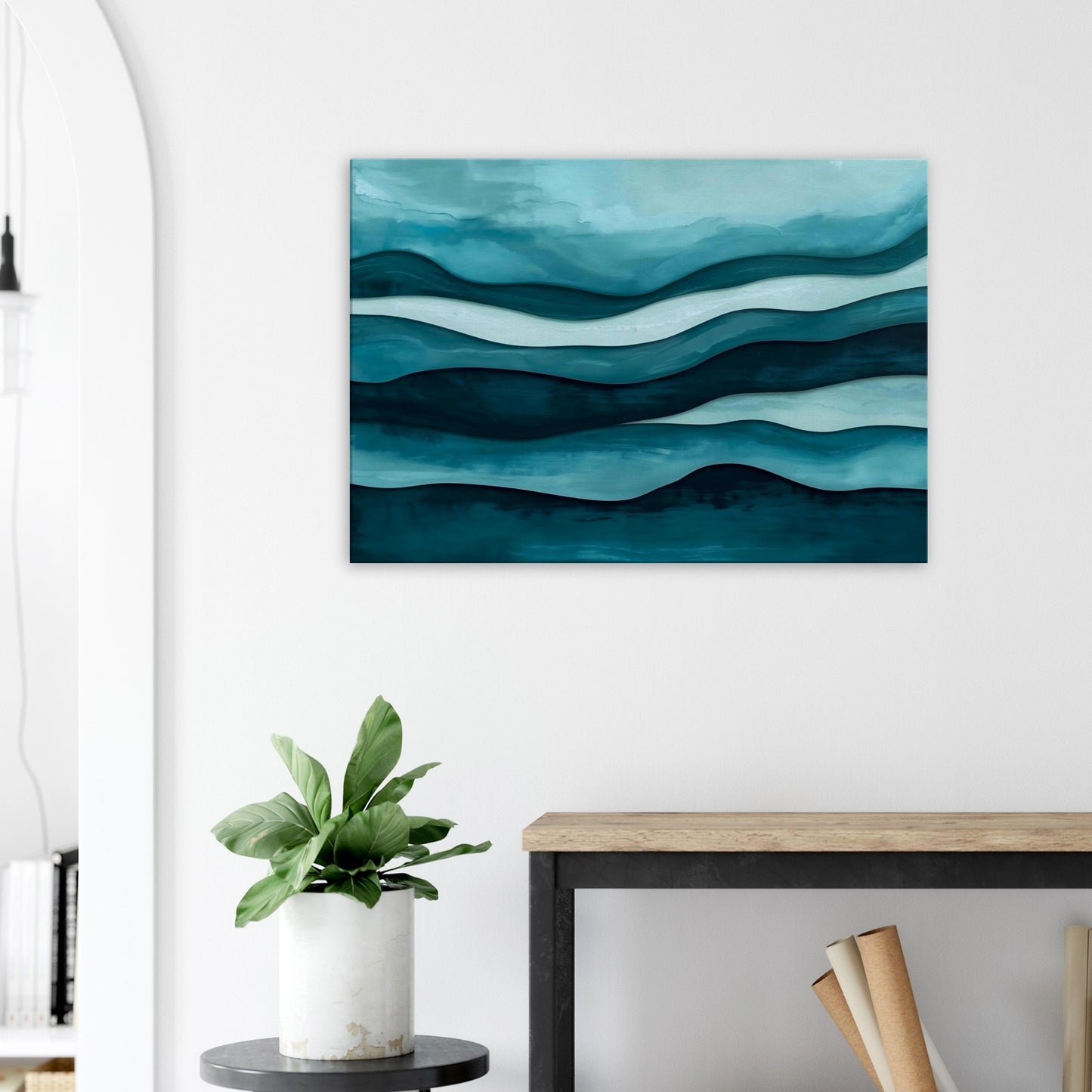 Landscape canvas with horizontal abstract layers of aqua, teal, and seafoam green forming water-inspired textures.
