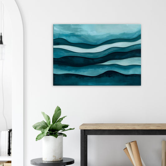 Landscape canvas with horizontal abstract layers of aqua, teal, and seafoam green forming water-inspired textures.