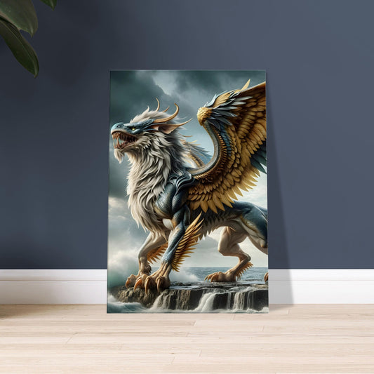 Artwork of a griffin with a shark's head, golden and silver scales, and large wings standing on a seaside cliff with crashing waves.