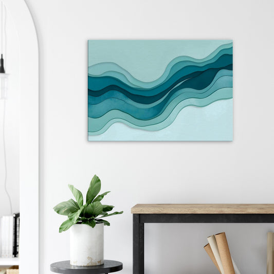 Landscape canvas with horizontal abstract layers of aqua, turquoise, and pale seafoam forming ocean-inspired textures.