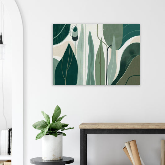Botanical canvas art with jade and sea-mint leaf silhouettes softly drifting in layered gradients.