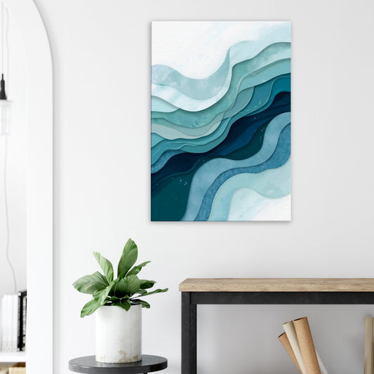 Portrait canvas with vertical abstract layers of soft aqua, seafoam green, and pale turquoise forming water-inspired textures.