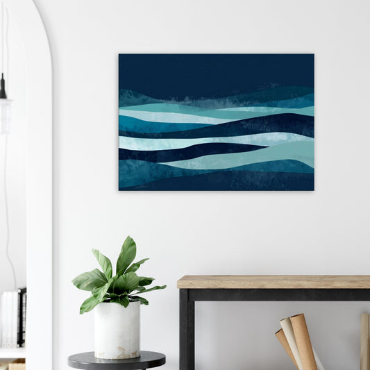 Landscape canvas with horizontal abstract layers of aqua, seafoam green, and pale turquoise forming water-inspired textures.