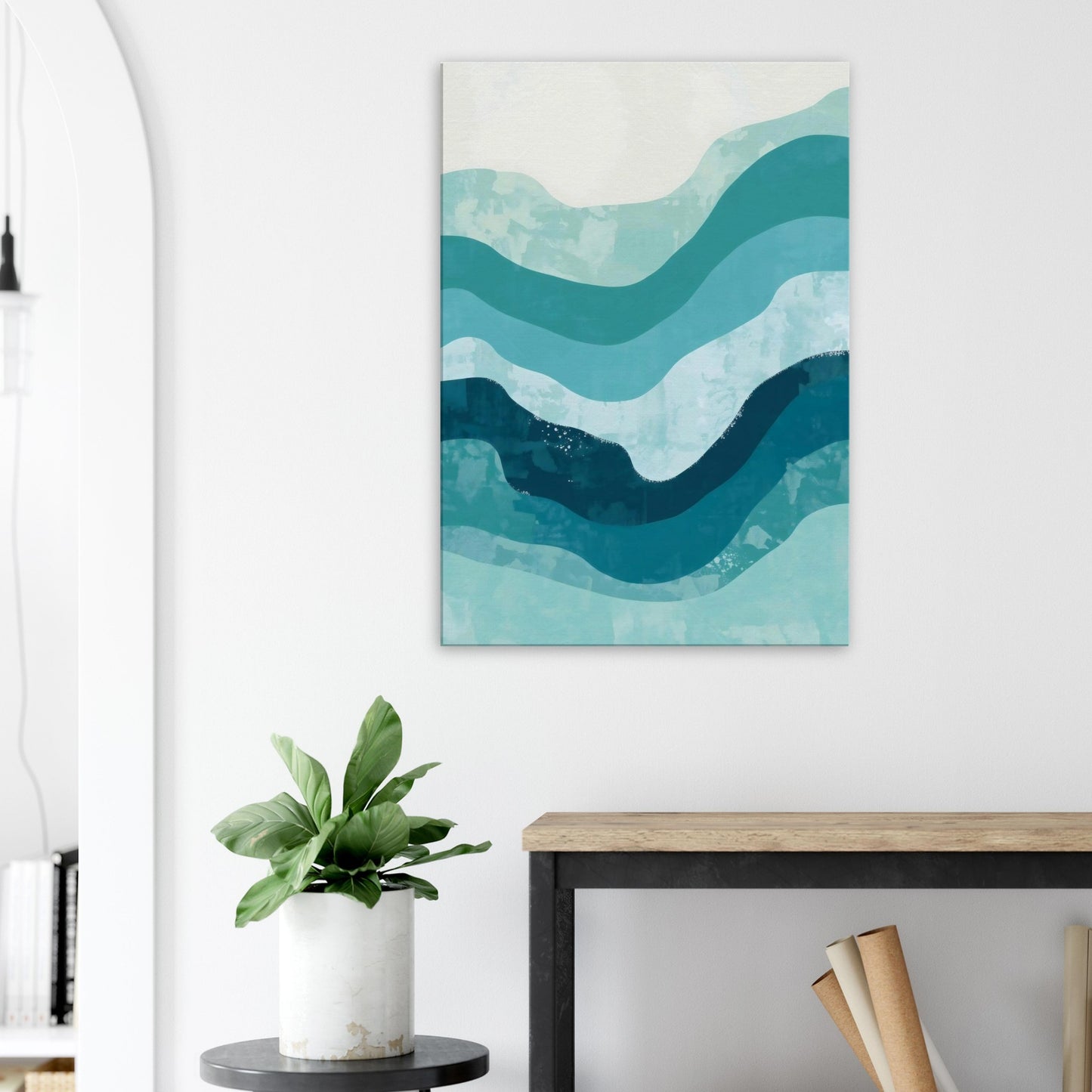 Portrait canvas with vertical abstract layers of aqua, teal, and pale blue forming water-inspired textures.