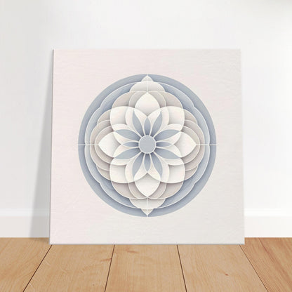 Minimalist mandala artwork in soft grey, white, and pastel blue, emphasizing calming symmetry and simple elegance.