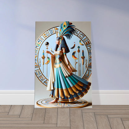 Egyptian goddess Ma’at wearing a feather crown and a hieroglyph-covered dress, symbolizing truth and balance in a serene pose.