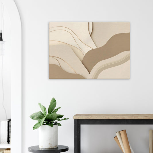 Neutral minimalist canvas art featuring soft layered abstract forms on a beige backdrop.