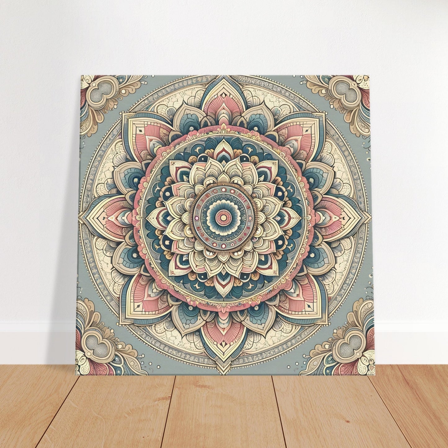 Mandala artwork featuring intricate patterns in dusky pink, soft azure, and pale yellow on a muted gray background.