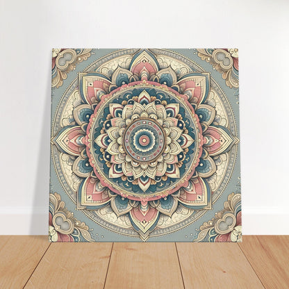 Mandala artwork featuring intricate patterns in dusky pink, soft azure, and pale yellow on a muted gray background.