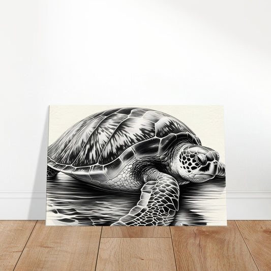 Pencil sketch of a serene sea turtle with detailed shell pattern against softly shaded ocean waves.