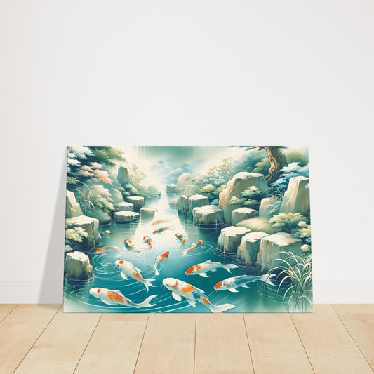 Koi fish swimming in a calm pond with soft lines and gentle colors, surrounded by elements of a peaceful Japanese garden.