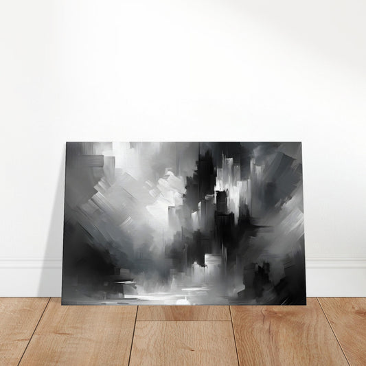 Monochrome abstract wall art featuring layered grayscale brushstrokes that create depth and contrast.