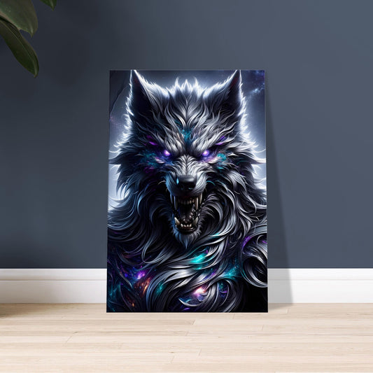 Artwork of a silver-furred werewolf mid-transformation with glowing cosmic eyes and mouth in a shadowy, star-filled forest.