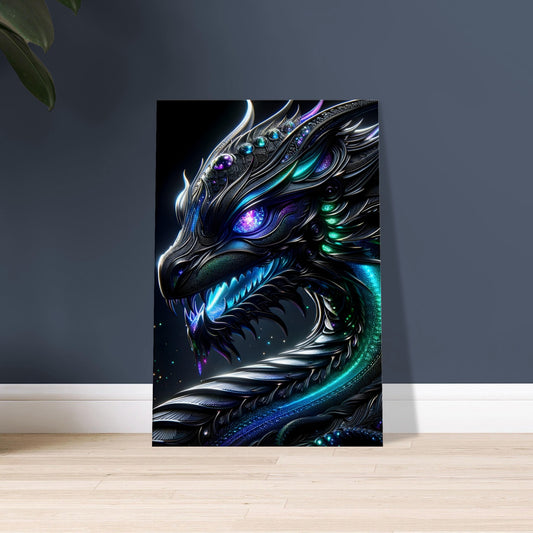 Artwork of a serpent with a human-like face, glowing purple eyes, and dark metallic scales in an enchanted forest with electric color accents.